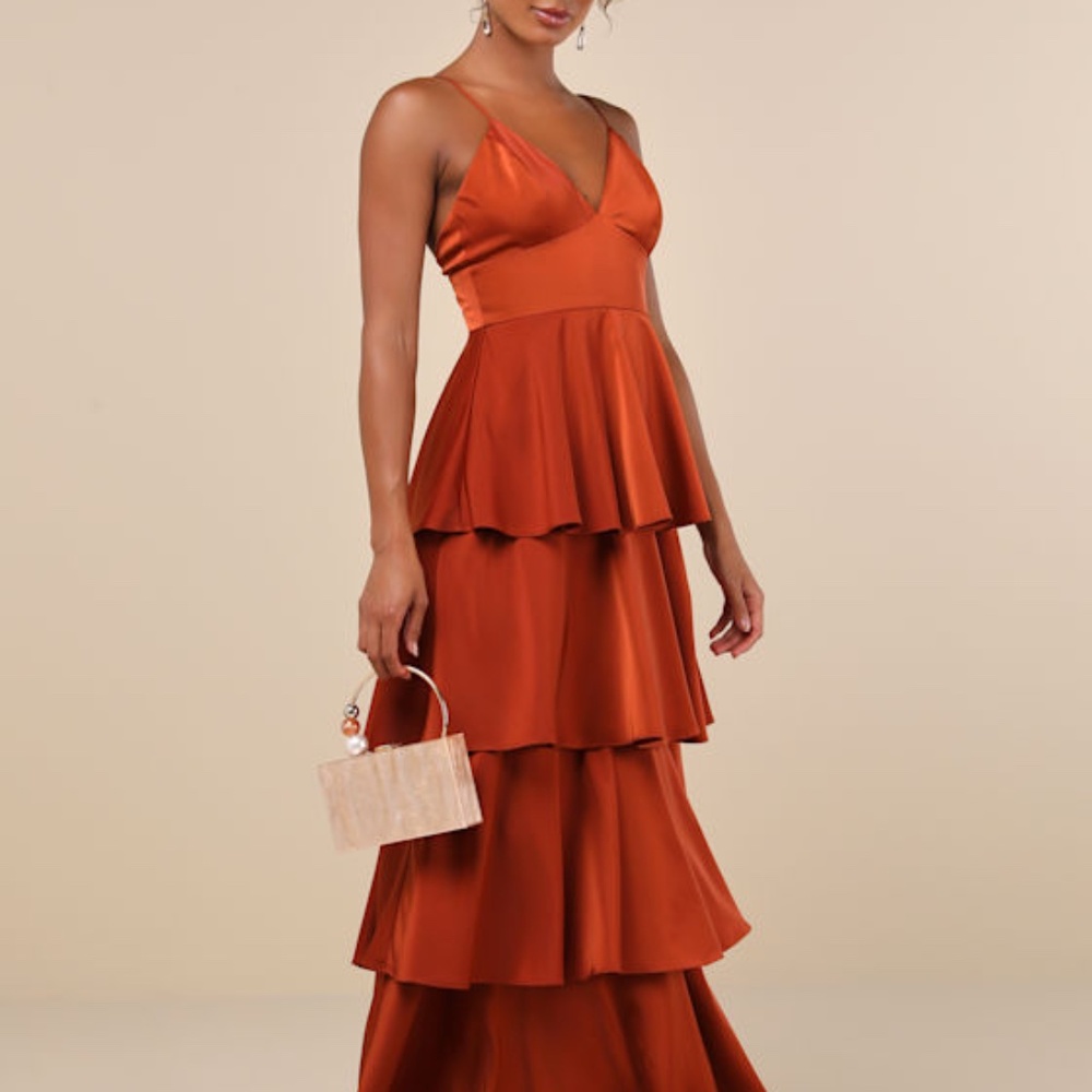 Lulus Going With Elegance Rust Brown Satin Tiered Gown - Size S